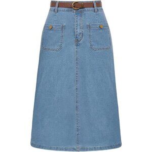 Denim Skirt with Belt Below Knee Length Light Blue
